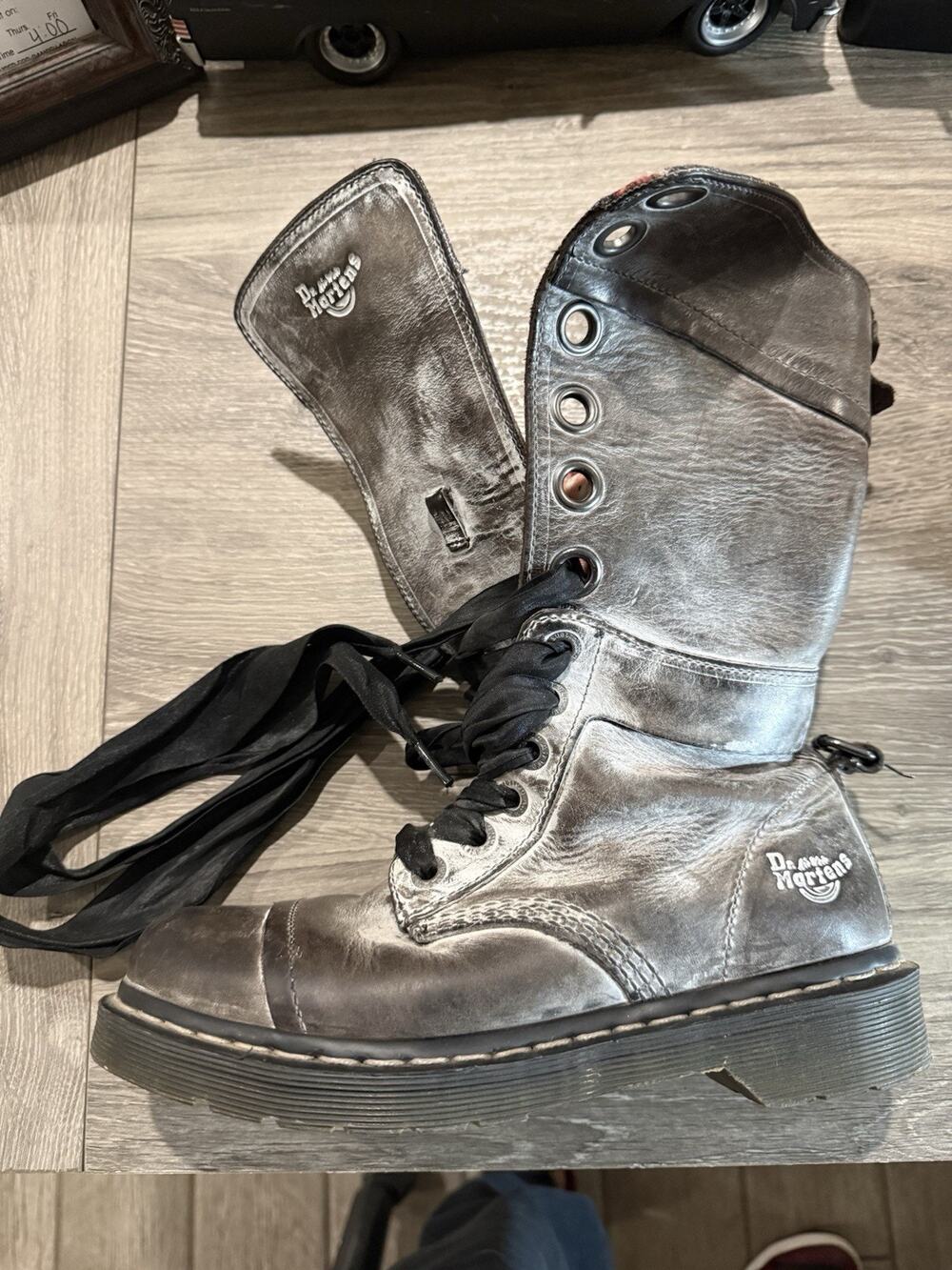 Dr Martens Triumph 1914 Black Waxed Leather Combat Boot Floral Lined Fold Over